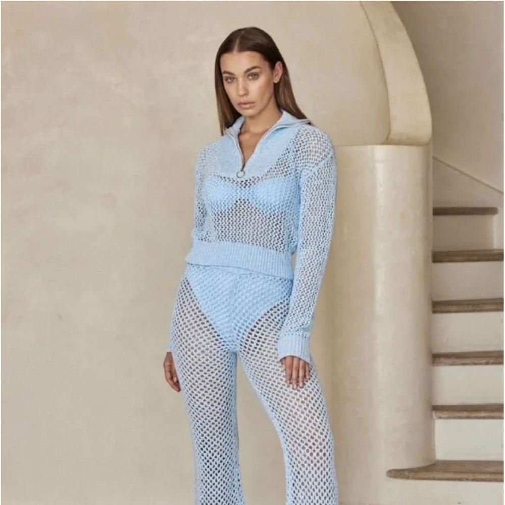 Monday‎ Swimwear Lisbon Quarter Zip Sea Mist Petite Crochet Pullover Sweater L